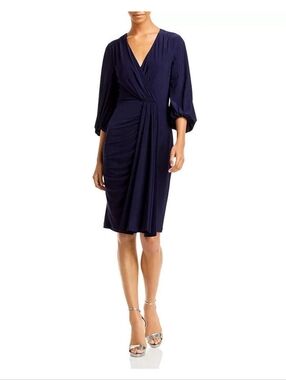 NWT Eliza J Ruched & Draped Navy Blue V-Neck Stretch Jersey Dress Size 6